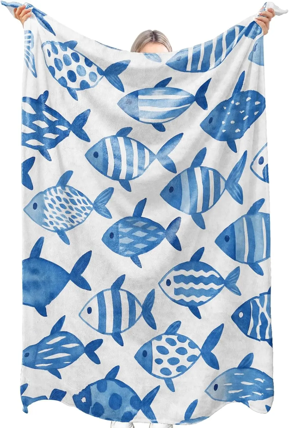 

Blue Fish Pattern Blanket Soft Fleece Throw Beach Theme Decor Ocean Animal Design Home Decoration