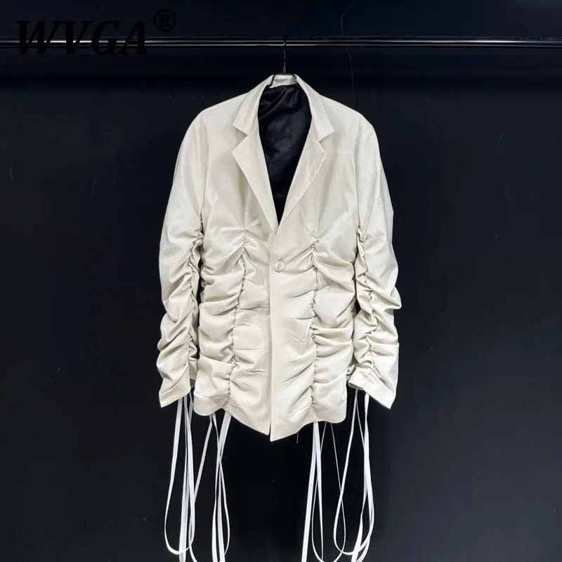

WVGA Spring Autumn New Man Tide Original Design Pleated Ribbon Trendy Long Sleeve Blazer Niche Chic Casual Suit Coats Ins W10595
