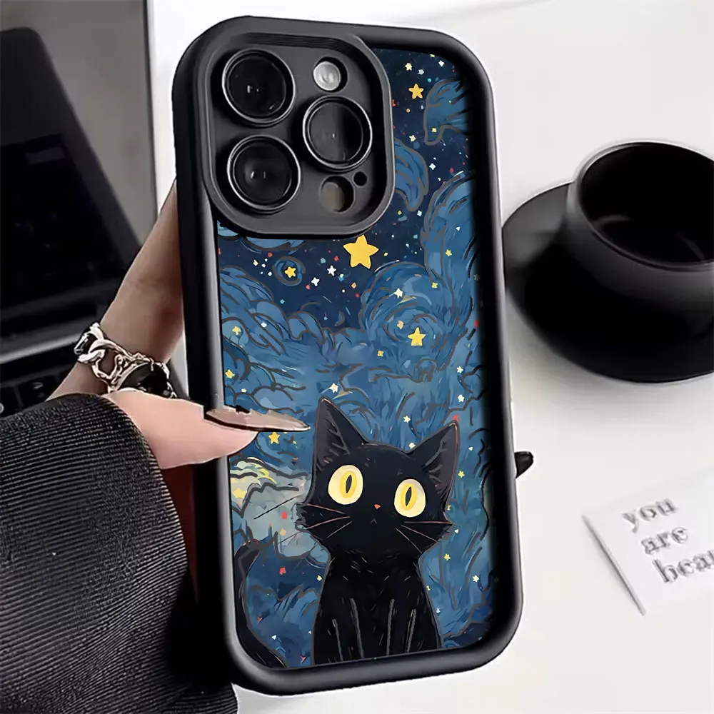 Céu estrelado gato preto caso de telefone para iphone 16 15 14 13 12 11 pro max mini xr xs x 7 8 plus macio tpu capa traseira com alça de mão