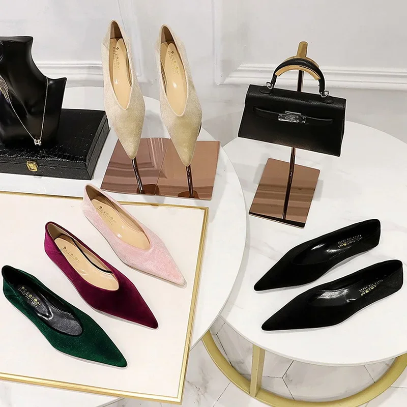2024 Women 1cm Low Heels Classic Prom Pink Flats Female Soft Velvet Pointed Toe Low Heels Lady Concise Barefoot Shoes Plus Size
