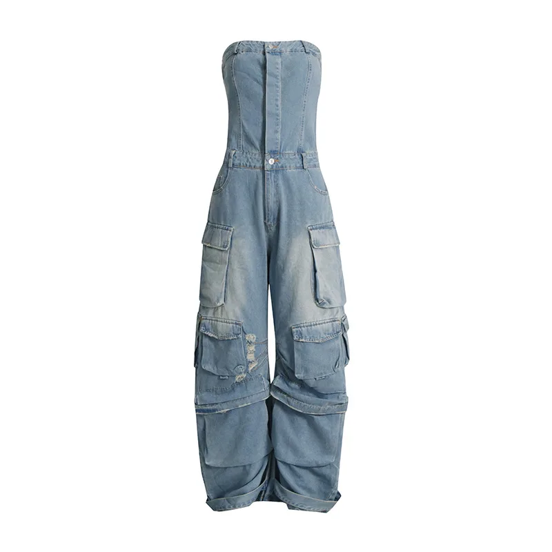 Jumpsuit jeans Denim seksi 2023 baju musim dingin wanita Y2K pakaian jalanan satu potong Jean Denim Jean saku celana longgar Jumpsuit Bodysuit