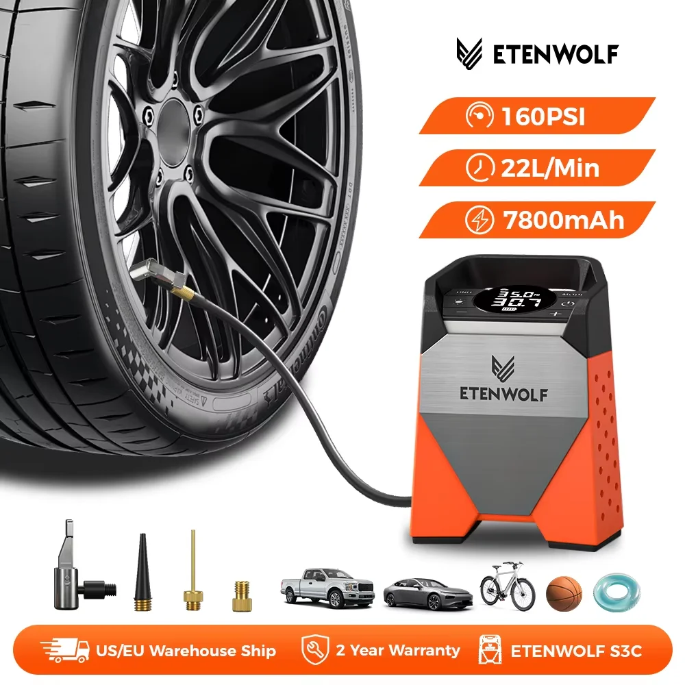 Image of ETENWOLF S3C Reifenfüller Tragbarer Luftkompressor, Schnelle Aufpumpung und 100% Betriebszyklus, 160 PSI Luftpumpe für Autos, Fahrräder, Bälle