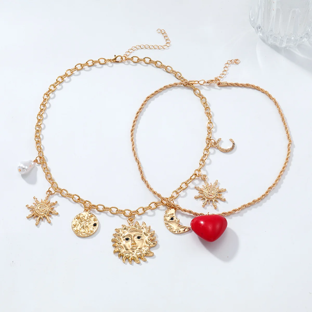 Collar de perlas de imitación con colgante de amor, sol, luna exagerada, conjunto de 2 piezas, brisa de playa de verano