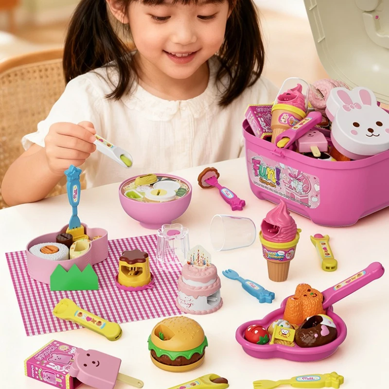 Pretend Play Feeding Set with Pudding Ramen Ice Cream Toy Storage Box with Handle Repeatedly Fun Feeding Kitchen Toys for Kids