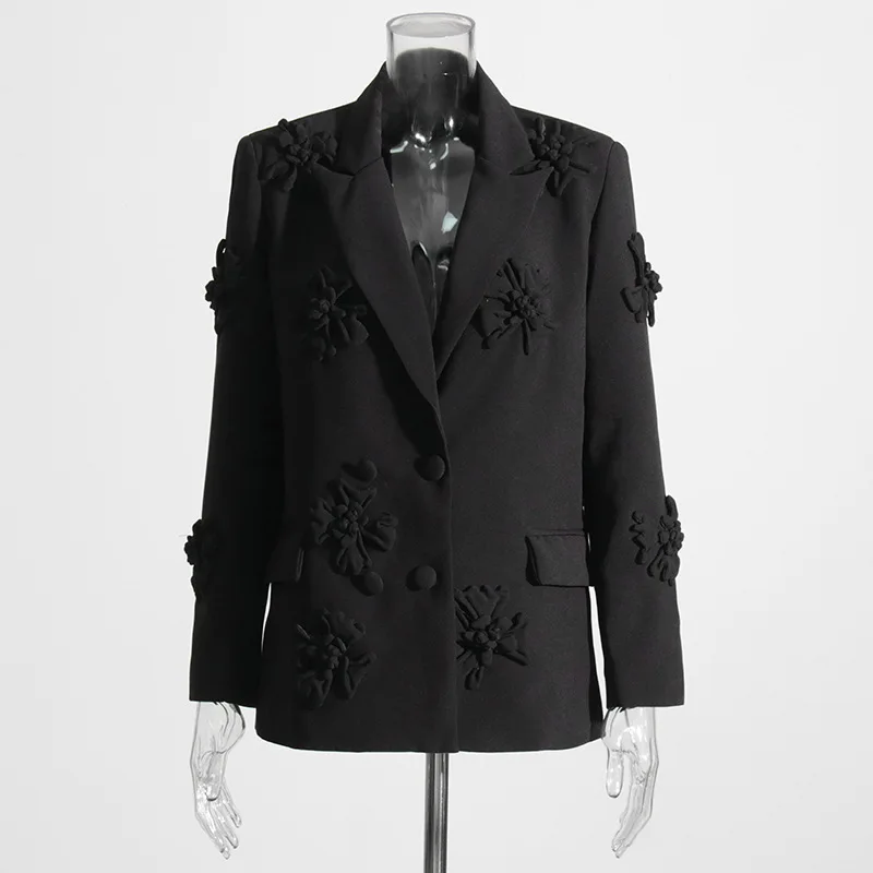 HKSH primavera otoño nueva chaqueta de mujer cuello vuelto doble botonadura flor tridimensional elegante moda abrigos de marea HK11265