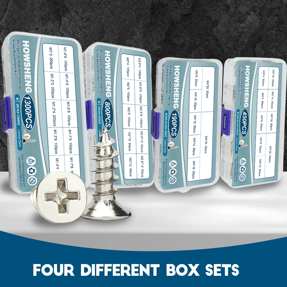 190/450/800/1300pcs Cross Flat Head Self-tapping Screws Set Assortment Kit Nickel Plated M1-M4 Phillips Head Wood Screw