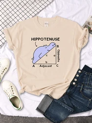 Women T-Shirt Hippo Sleeping On Math Problem Printing Shirt Females O-Neck Loose Oversize Top Slim Kawaii Animal Ladies T Shirt