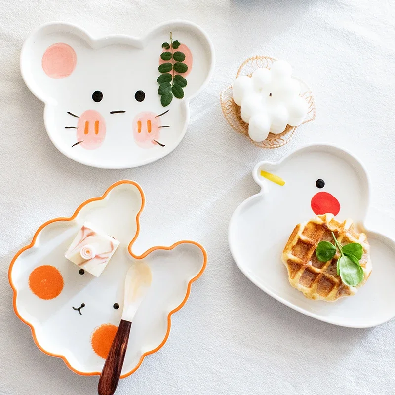 Cute Cartoon Underglaze Color Animal Ceramic Breakfast Plate Children\'s Rice Plate Fruit Cake Dessert Dish Dinner Plates