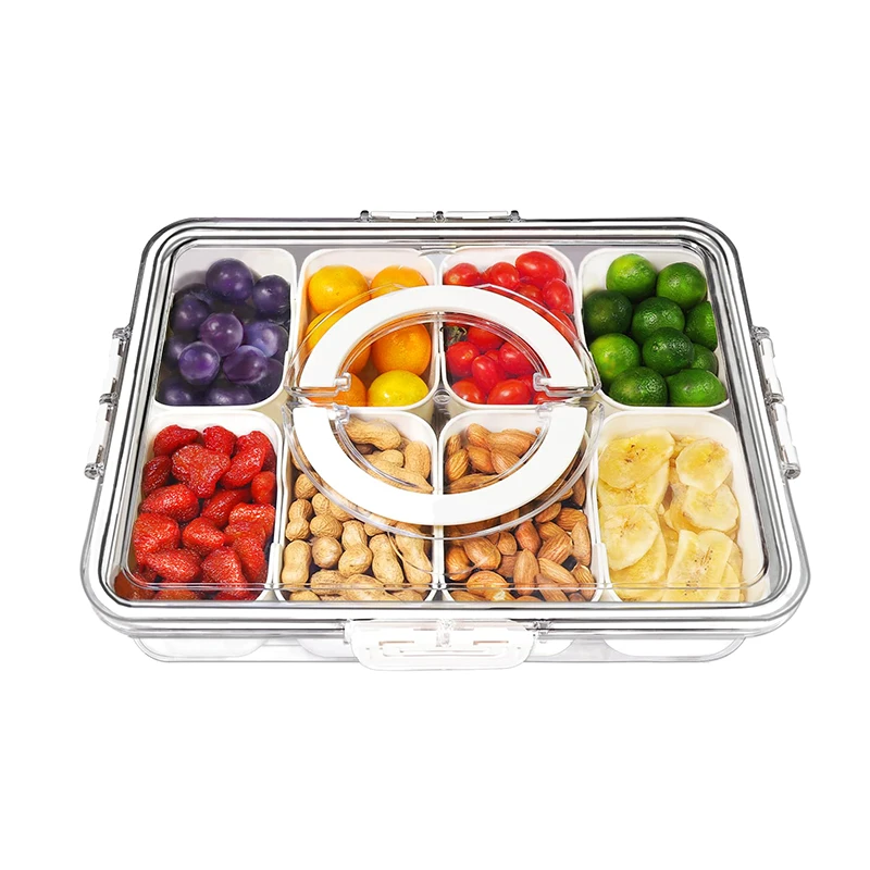 

8 Compartments Divided Serving Tray With Lid Handle Veggie Tray Portable Snack Box Food Container For Biscuits Candy Fruits Nuts