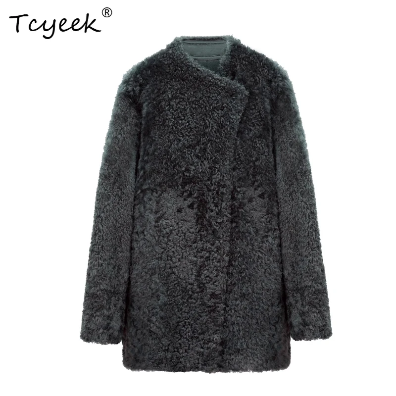Tcyeek الصوف الحقيقي الخريف الشتاء الراقية العصرية التلبيب بلون متوسط طول المرأة الصوف شيرلينغ معطف الفرو Fourrures فام