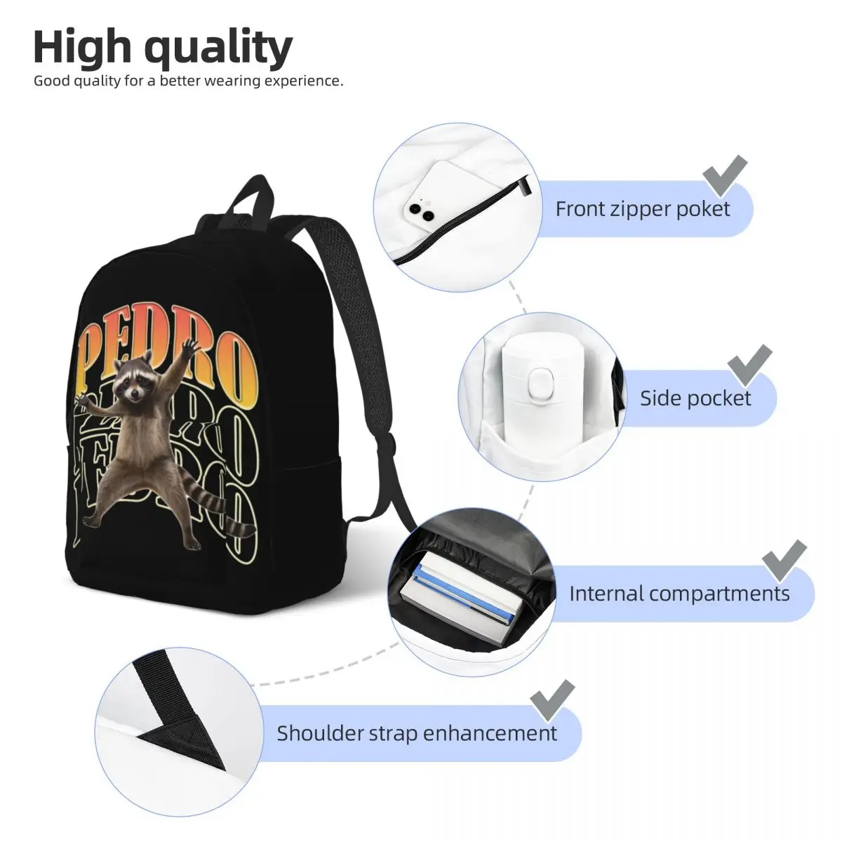 Guaxinim Meme Pedro Song Mochila para homens e mulheres, casual, colegial, mochila de negócios, engraçada, bolsa de ombro, durável