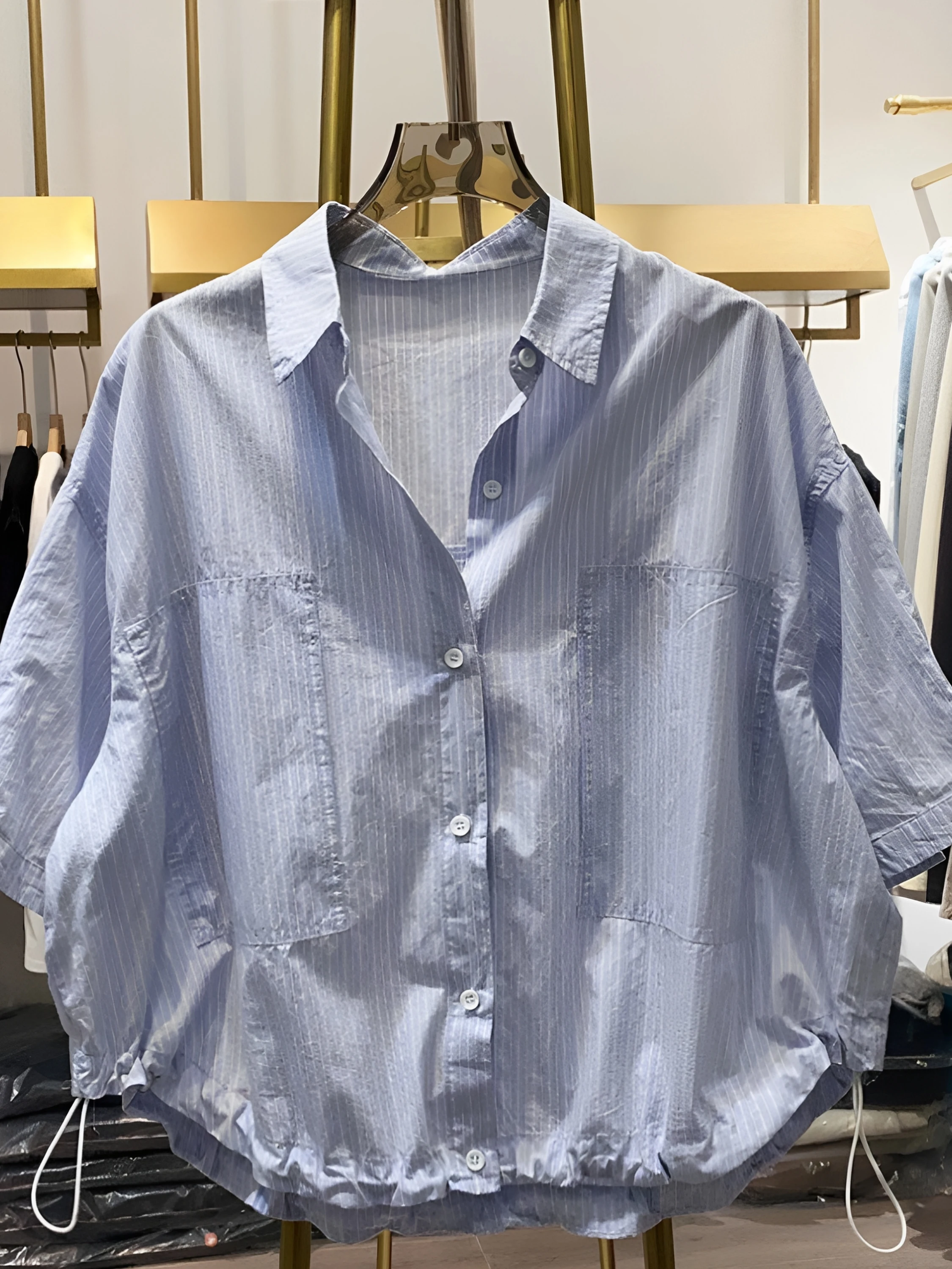 

plus Size Korean Style Neck Shirt Women Loose Short Sleeve Drawstring Hem Breathable Summer Shirt for plus Size Women