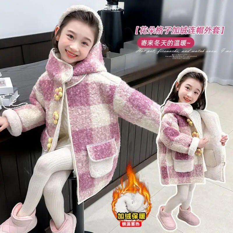 الفتيات الخريف الشتاء الدفء رشاقته معطف منقوشة مقنعين القمم معطف مريح موضة جديدة 7 إلى 12 سنة ملابس الأطفال