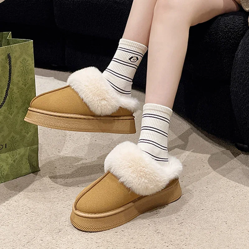 Platform Suede Flats Women Slippers Plush Warm Casual Snow Boots 2024 Winter Slingback Cozy Cotton Shoes Walking Chaussures Lady