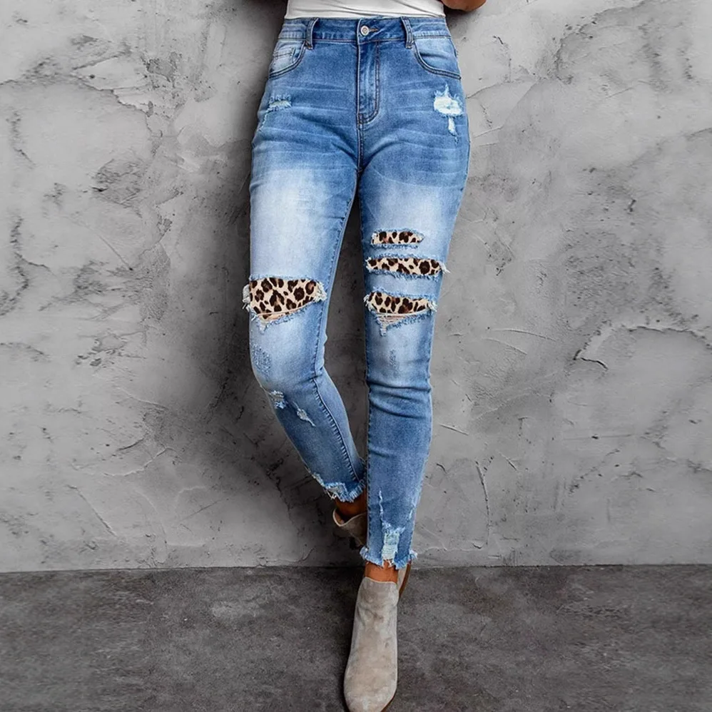 

Mom Jeans Pencil Pants Women Hole Leopard Patch Distressed Stretch Mid Waist Vintage Washed Skinny Denim Ankle Length Trousers