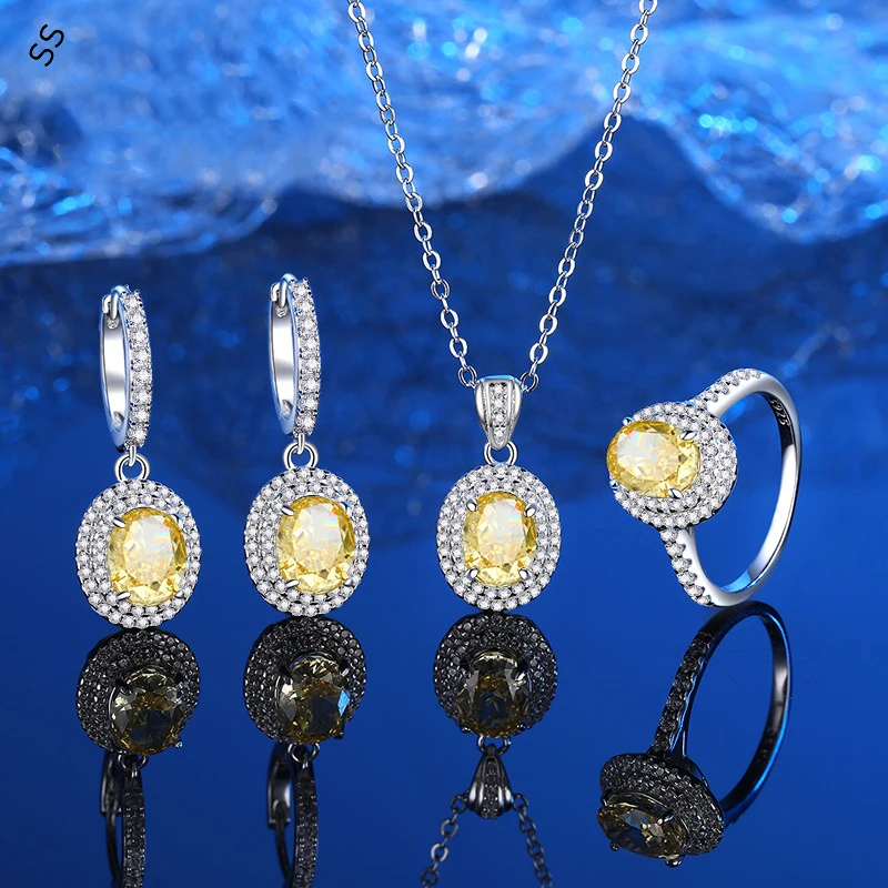 

Dazzling 925 Sterling Silver Ice Cut Gold Diamond Jewelry Sets Ring Necklace Ear Hanging Colorful Gemstone Series