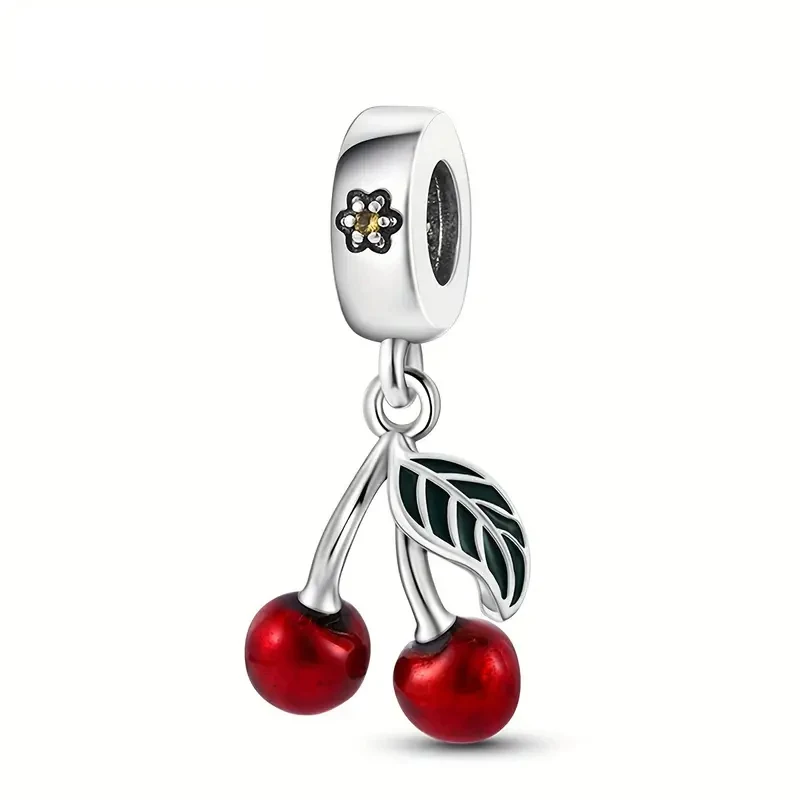 Cuentas de esmalte rojo con forma de cereza y fruta, adecuadas para pulsera, collar, llavero, cuentas de plata 925 para mujer, joyería DIY, regalo exquisito