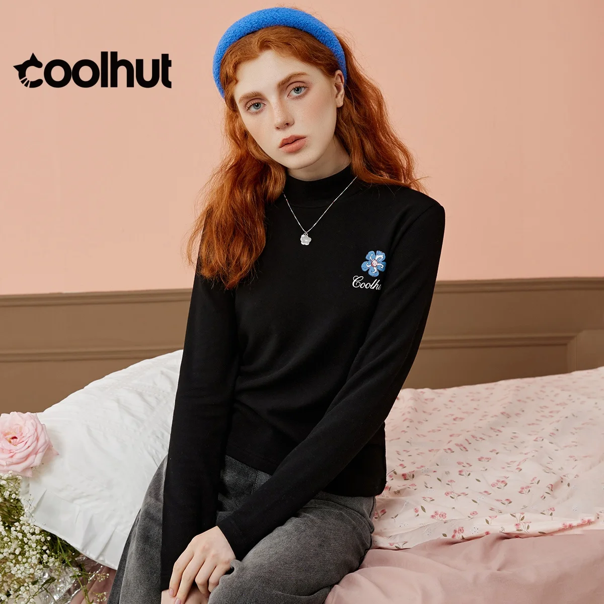 COOLHUT New Arrival Women's 2025 Textured Brushed Tee Mock Neck Long Sleeve Printed Spring Top Lightweight Layering Essential