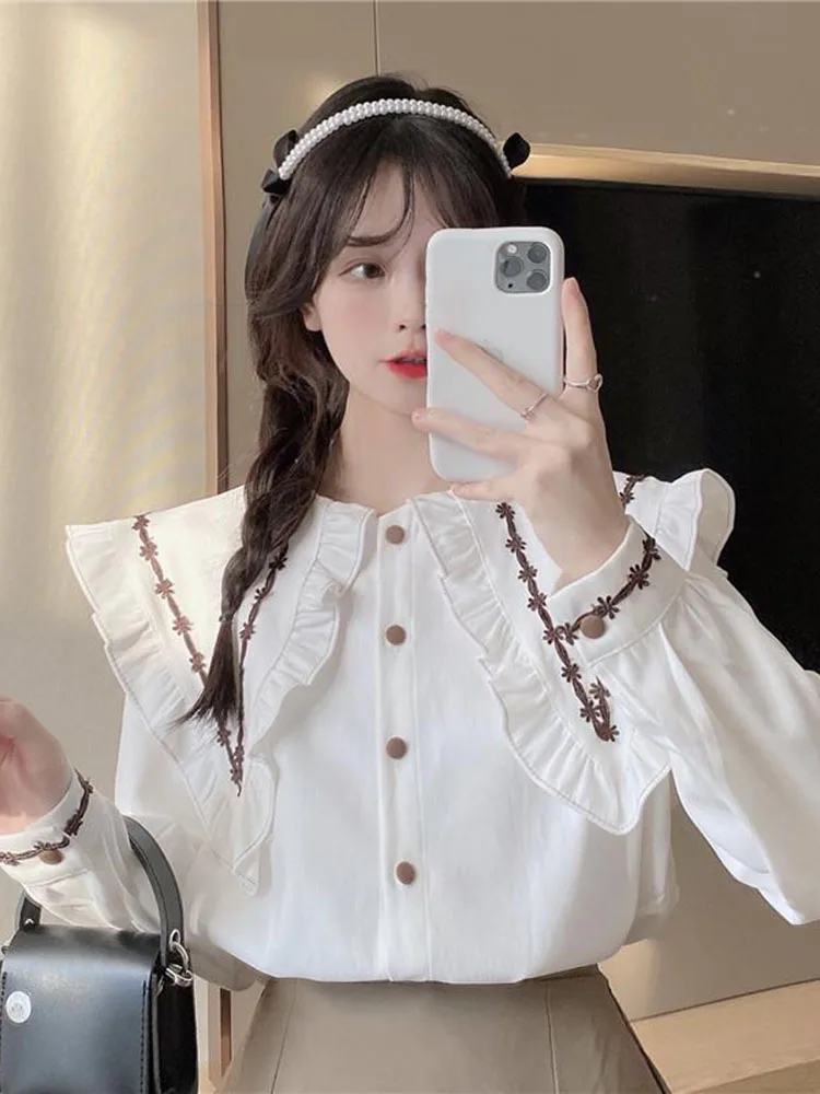 Jmprs Embroidery Sweet White Shirt Women Loose Casual Long Sleeve Korean Blouse Elegant Preppy Style Chic Peter Pan Collar Tops