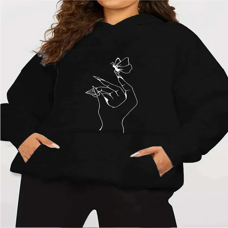 

Женская повседневная толстовка с капюшоном, которую можно стирать в машине, пуловер с бабочкой и буквенным принтом, пуловер с передним карманом, осенне-зимняя уличная одежда