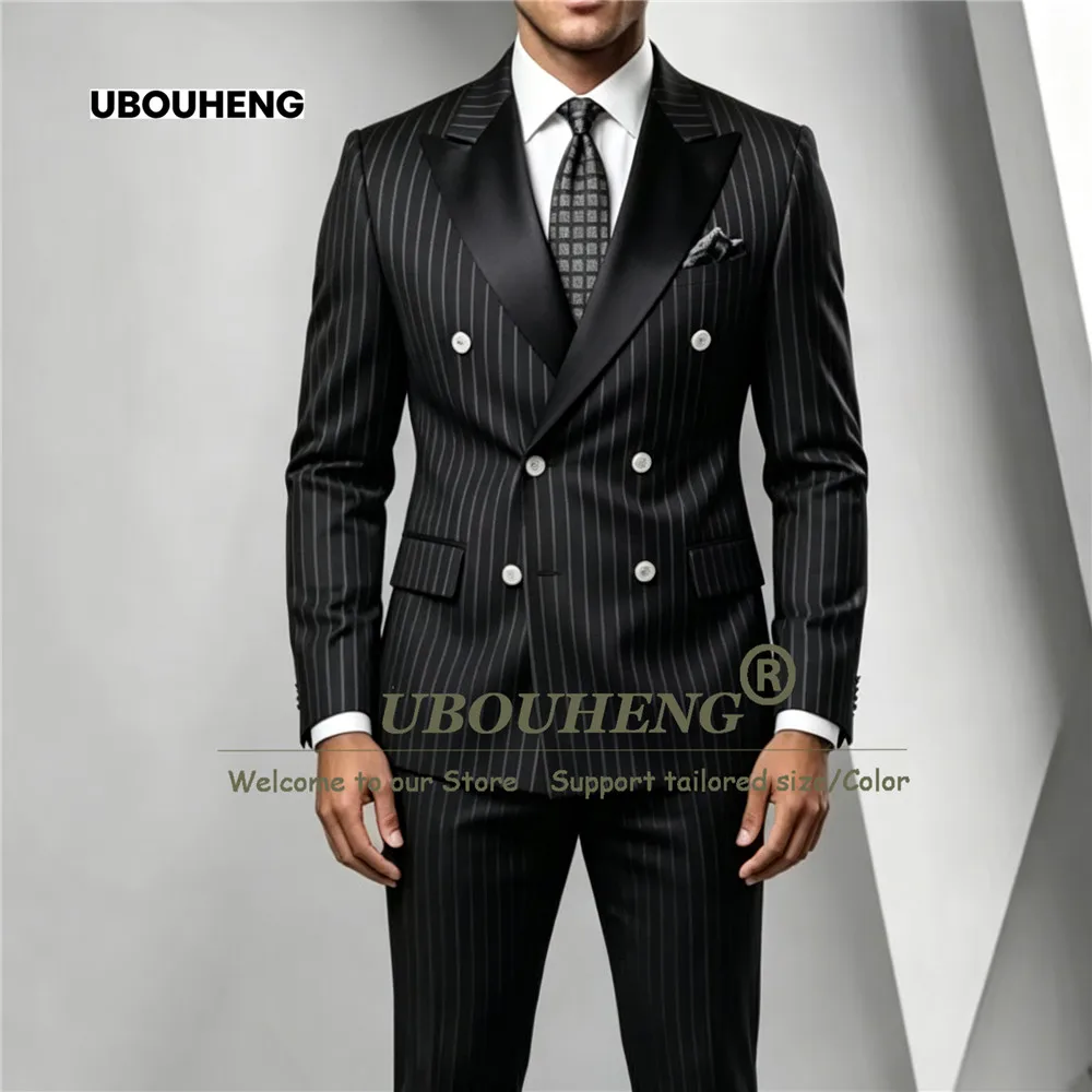 Unique Design Groom Suits For Wedding Pinstripe Double Breasted Jacket Pants 2 Pieces Man Dinner Party Tuxedo Attire Plus Size