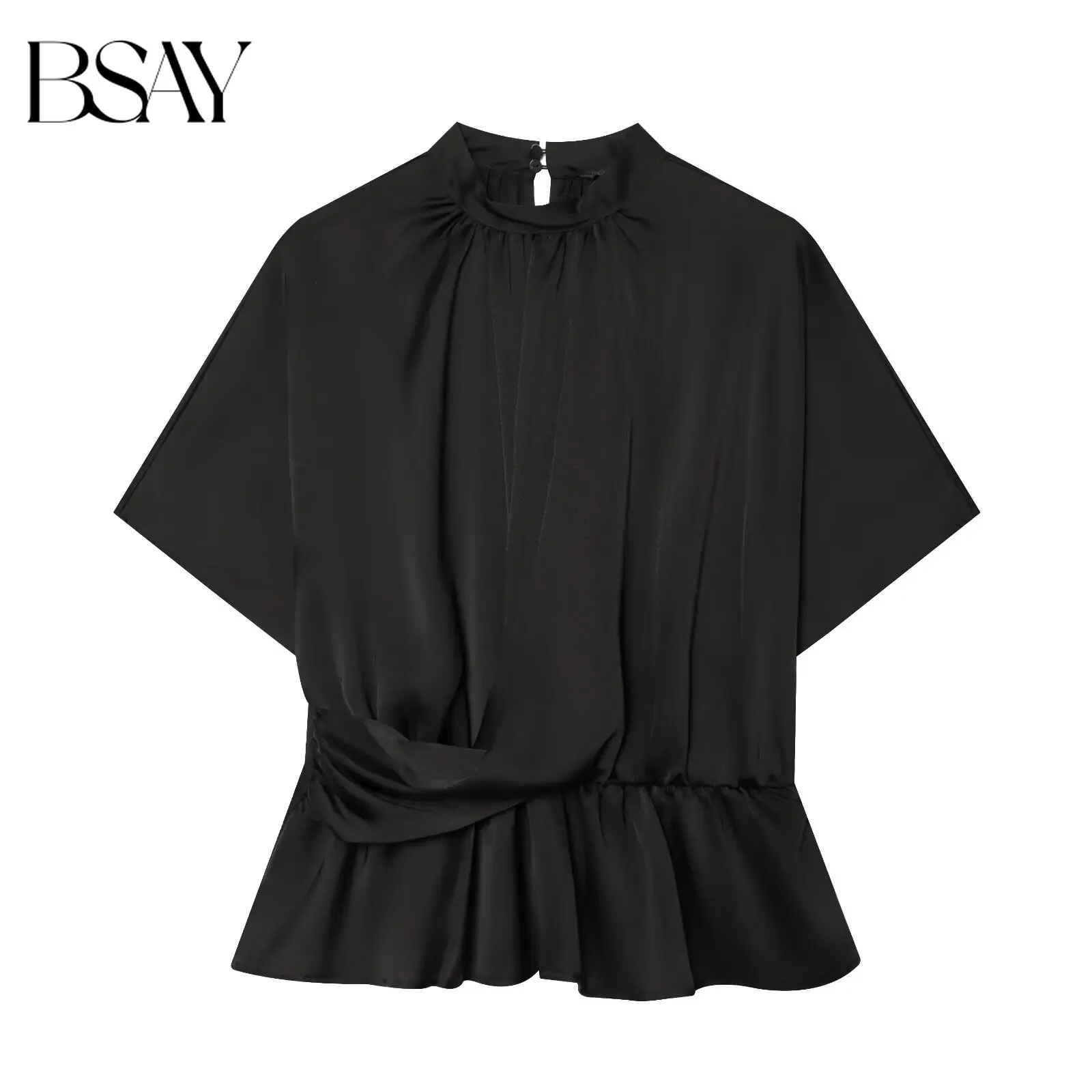 BSAY 2026 Minimalistische Satin-Damenbluse mit Stehkragen, Fledermausärmeln, Kurzarm, Drehknoten-Taille, Schleifensaum, Elegantes Büro-Oberteil in Schwarz