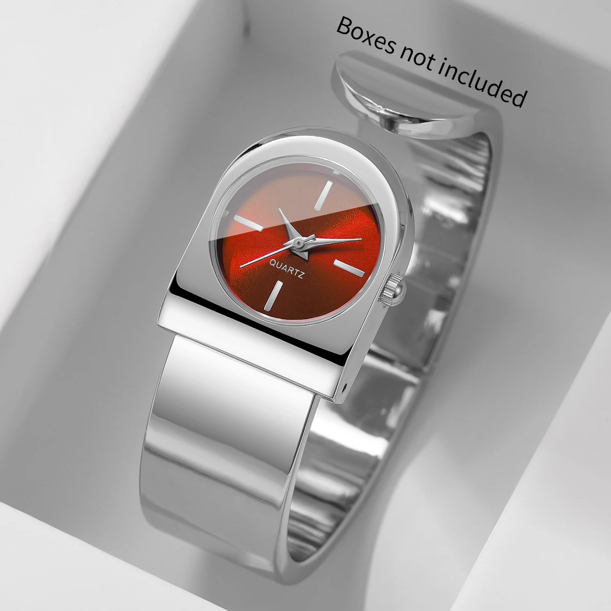 Fashion Unique Red Dial Women Quartz Watch Silvery Cuff Bangle Strap Wristwatch Chic Clock Relogio Feminino (Without Box)
