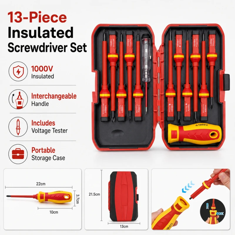 13-Piece Insulated Screwdriver Set, Phillips Slotted Electrician Tools, High Voltage Resistant Maintenance Repair Kit