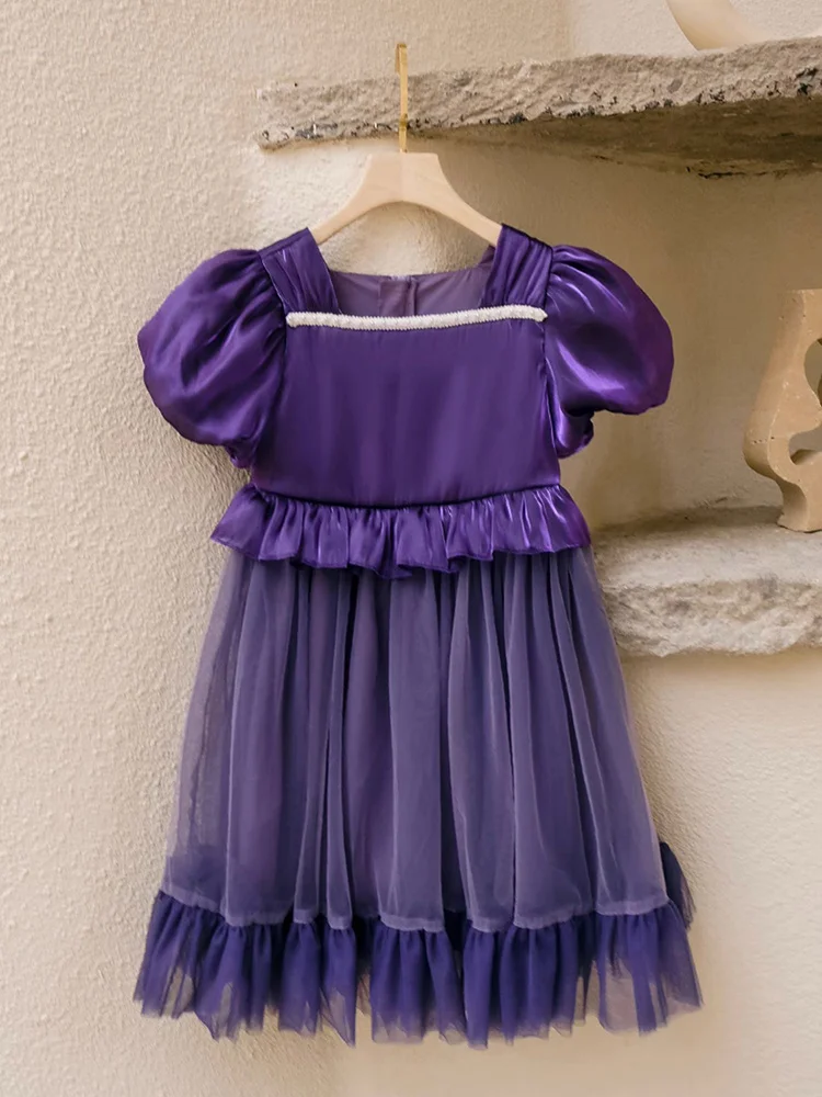 Baby Girls Summer Wedding Bridemaid Dresses Deep Purple Gauze Birthday Party Princess Clothes 3yrs 14T Kids Wear 110cm 170cm