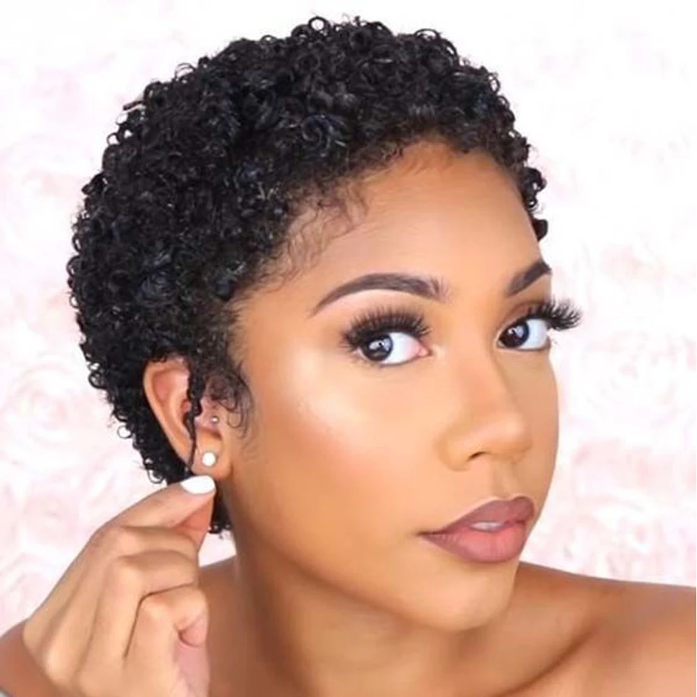 100% Human Hair Afro Curly Wig for Women – Natural Pixie Chic, Comfort Rose Net | Easy Machine Made image 4