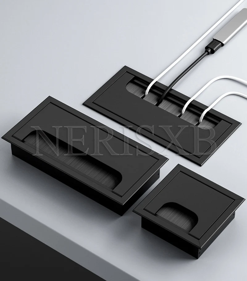 Aluminum Alloy Desk Table Rectangle Cable Grommet Hole Cover Black Brushed Wire Outlet Port 80mm for Organizing Cables