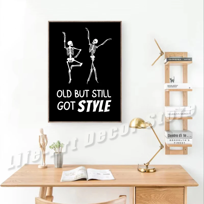 Funny Halloween Dancing Skelet Poster Skeleton Positive Inspiring Quotes Canvas Printing Wall Art Picture for Room Home Decor