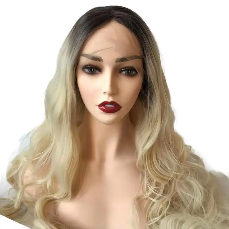 

Женские парики Большой волнистый парик фронта шнурка Черный и коричневый Большой волнистый синтетический парик фронта шнурка перед крашением