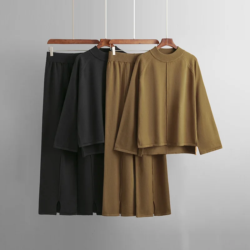 

Новый однотонный вязаный женский брючный костюм с длинным рукавом, простой тонкий женский домашний костюм, вязаный пуловер с полувысоким воротником, комплект из 2 предметов Wh6