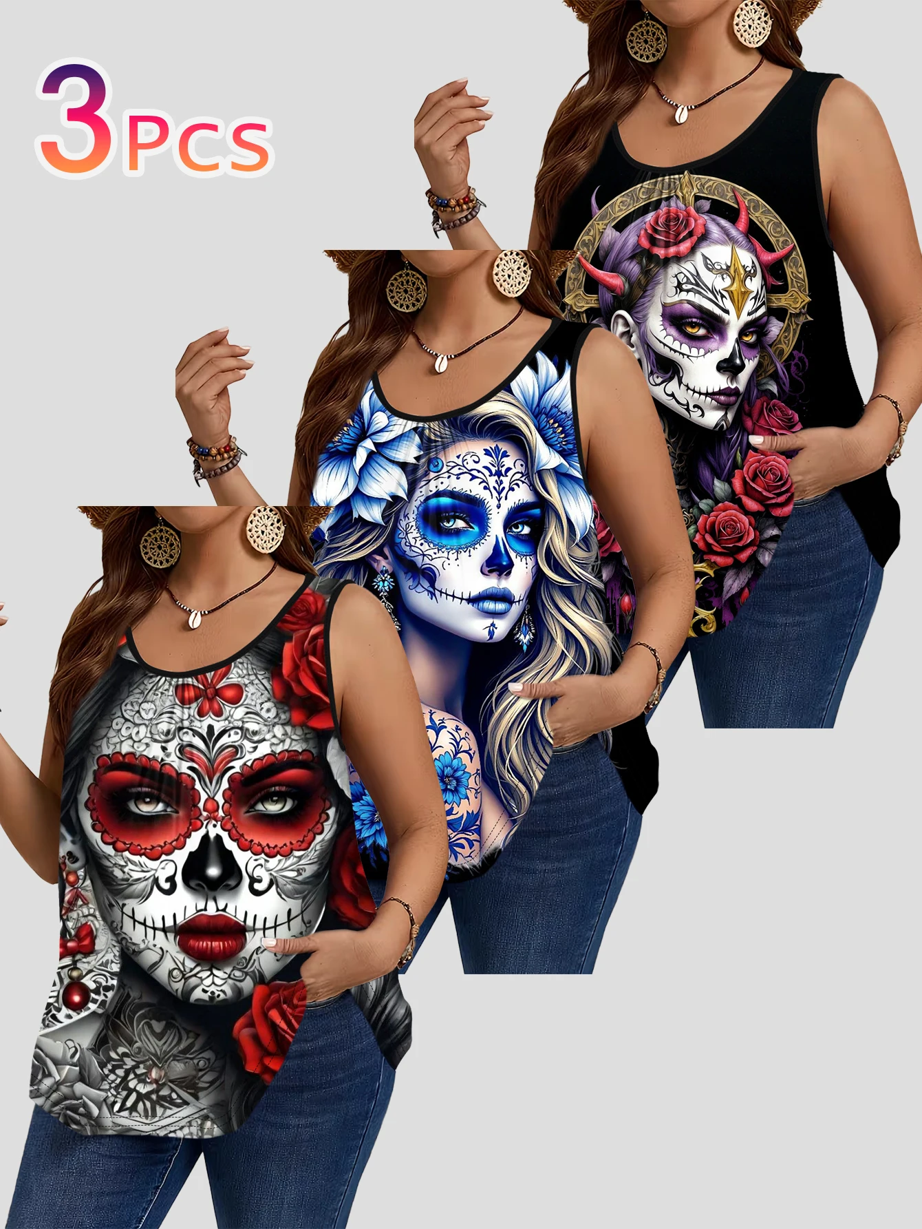 3-Piece Set of Plus-Size Women's Vests with Mexican Day of the Dead Red and Blue Color-Blocking Sugar Skull Beauty Rose Floral Print Loose Sleeveless Tops