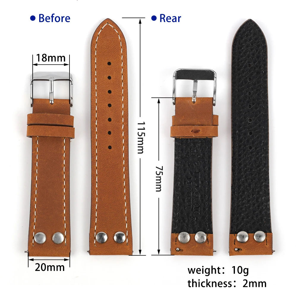 Vintage Watch Band 18mm 20mm 22mm 24mm Quick Release Bracelet Rivets Watch Strap Replacement