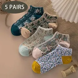 5 Pairs Women Vintage Cute Socks Set Female Lady Harajuku Kawaii Girl Floral Sport Short Socks Set for Women Harajuku Hosiery