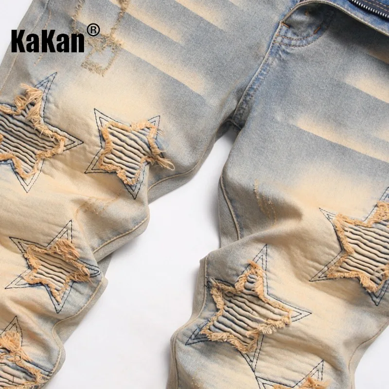 Kakan - European and American Original Personalized Embroidered Denim Jeans for Men, Retro Ruffled Elastic Long Jeans K87-F848