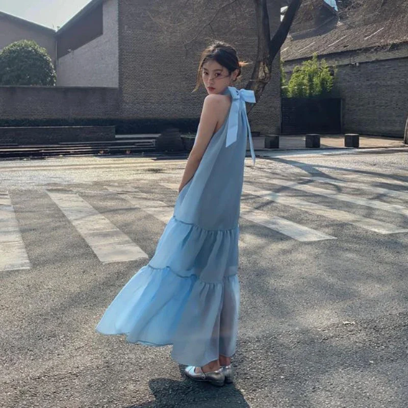 Französische elegante Damen-Sommermode 2025, neues ärmelloses, trägerloses, mit Schleife, blauer langer Rock, Kawaii-Weste-Abschlussballkleid