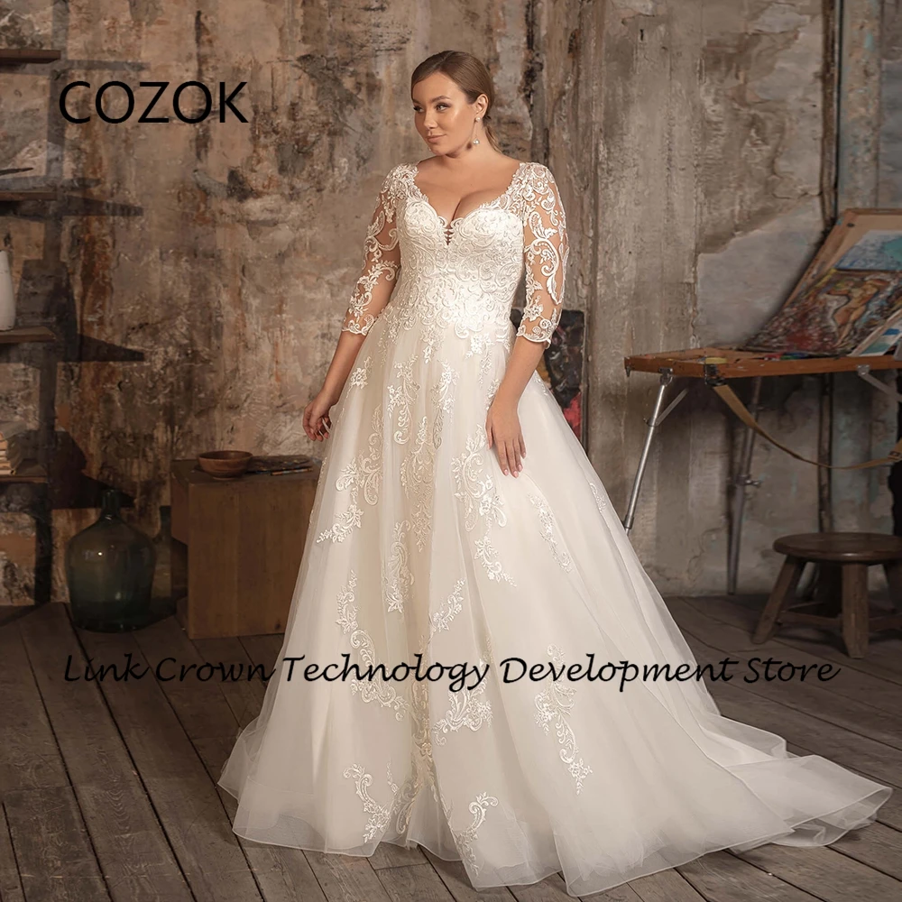 

COZOK Strapless Plus Size Wedding Dresses for Women 2024 Summer New Three Quarter Bridal Gowns with Lace Court Train Vestidos