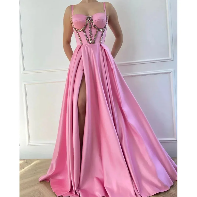 

Fashion Pink Prom Dresses Beads Straps Evening Gowns Slit Pleats Ruffle A Line Formal Red Carpet Special Occasions Party Dress