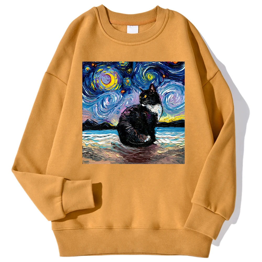 Cat Starry Sky Universe Prints Male Sweatshirt Fashion Loose Autumn Hoodies Soft Fleece Casual Pullovers Simple O-Neck Clothes