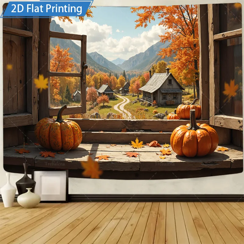 [2D شقة] 1 قطعة 4x16 بوصة علامة معدنية الخريف كوخ نافذة عرض اليقطين سقوط المشهد المعادن جدار ديكور فني