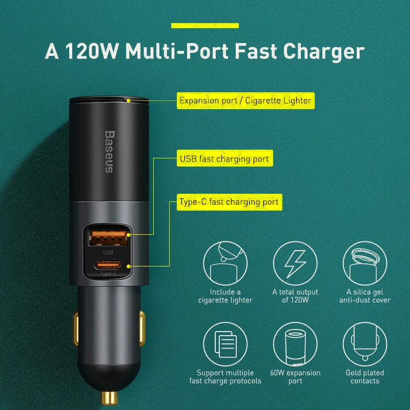 Baseus Dual USB Quick Car Charger QC 4.0 PD 3.0 120W Car Cigarette Lighter Splitter Socket Expansion For Driving Drive Recorder