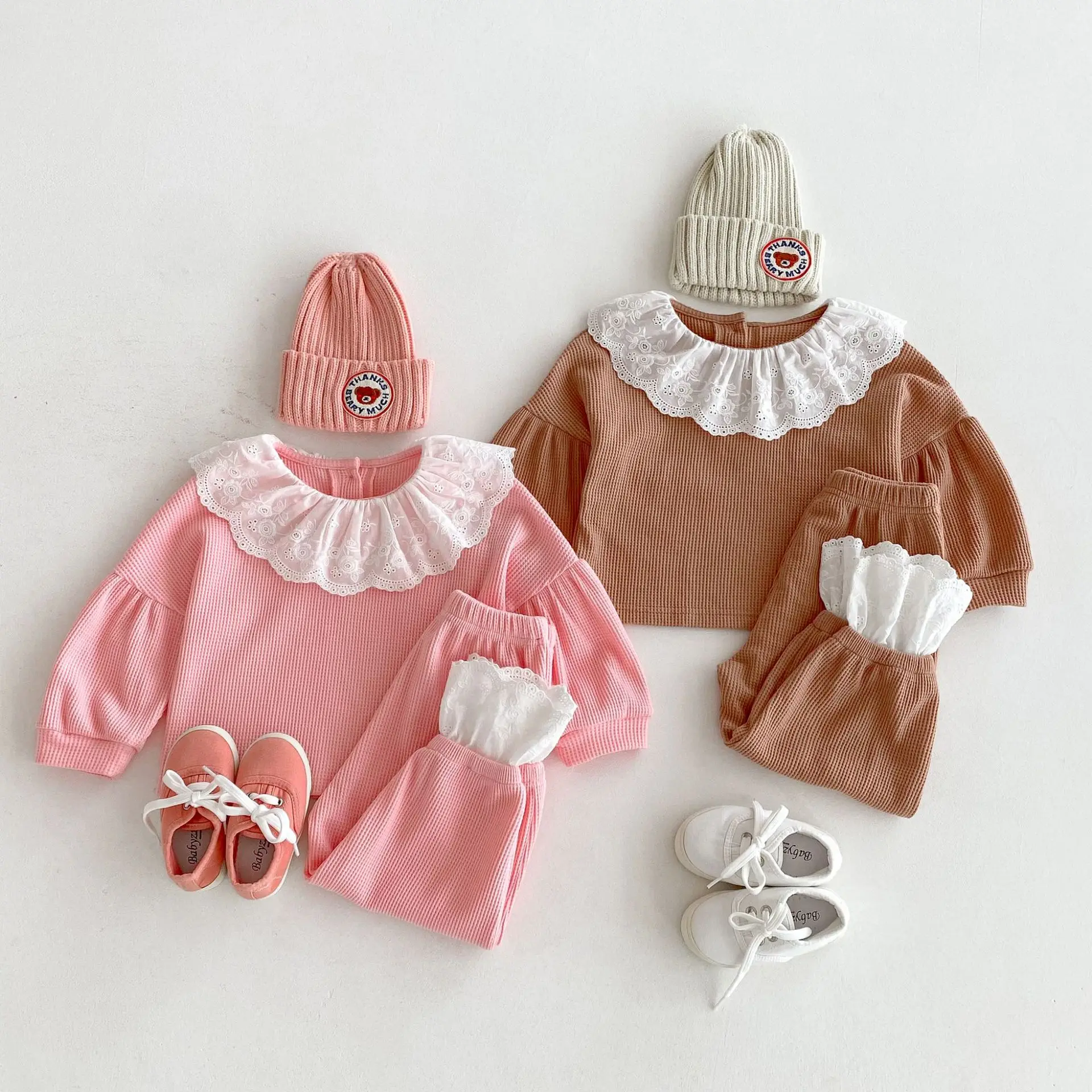 

2025 Autumn New Children Casual Clothes Set Girls Cute Sweet Lace Collar Shirt + Pants 2pcs Suit Solid Kids Loose Waffle Outfits