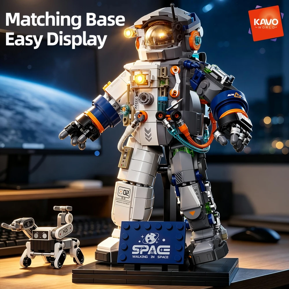KAVOWORLD 896pcs Space Astronaut Building Blocks Set Mecha Spaceman Robot Dog Model With LED Light 2in1 DIY Assembly Brick Kit Articulated Joints STEM Educational Toy Aerospace Exploration Home Office Decor Display Base Collectible Christmas Birthday Gift
