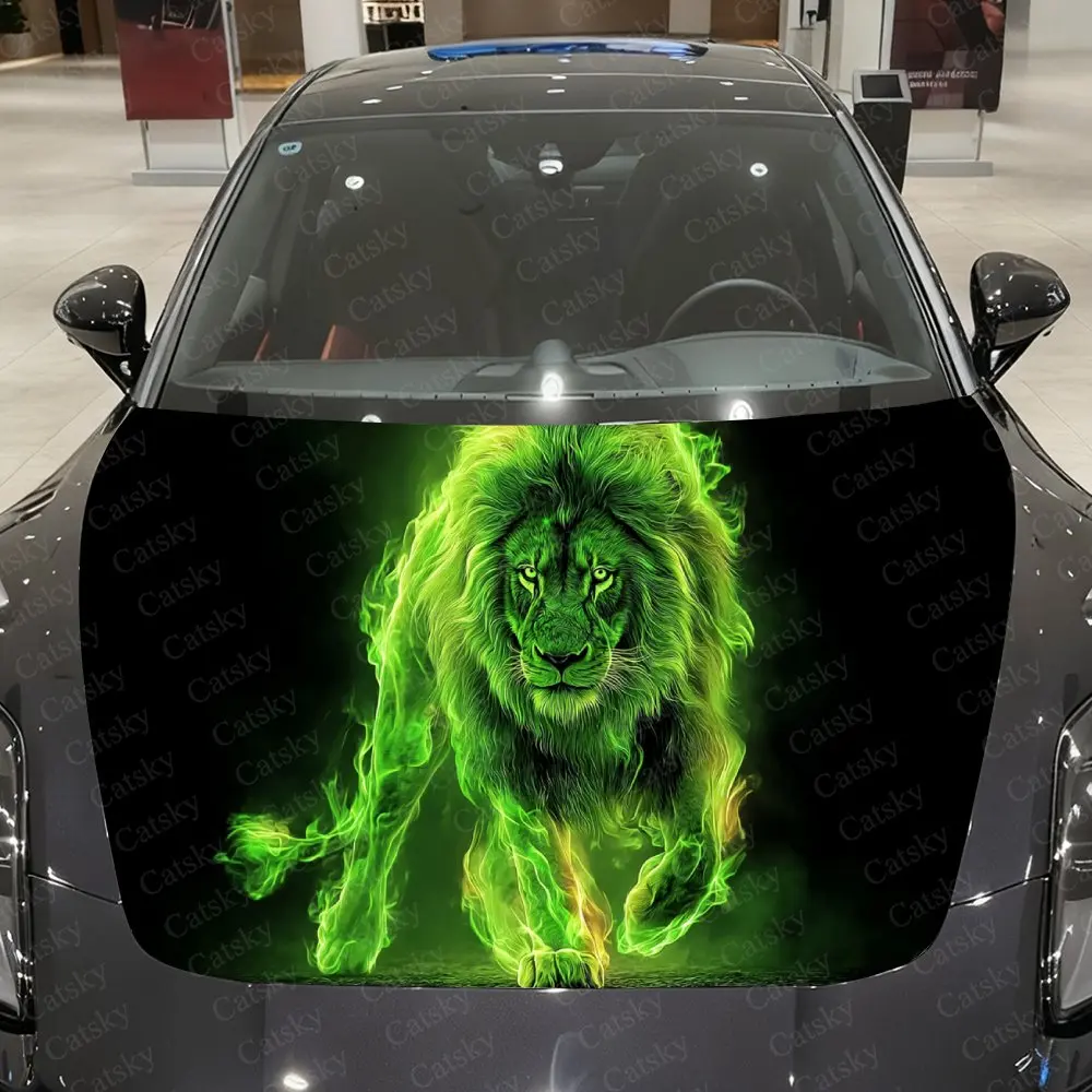 Green Flame Lion Spirit Car Vinyl Wrap, PVC Waterproof Car Hood Sticker, Self-Adhesive Scratch-Resistant Stickers