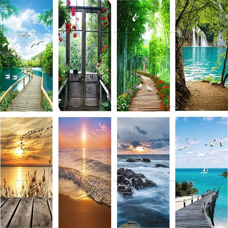 

3D Three-dimensional Green Forest Path Door Stickers Seaside Pier Decorative Murals PVC Waterproof Self-adhesive Peel-off Poster