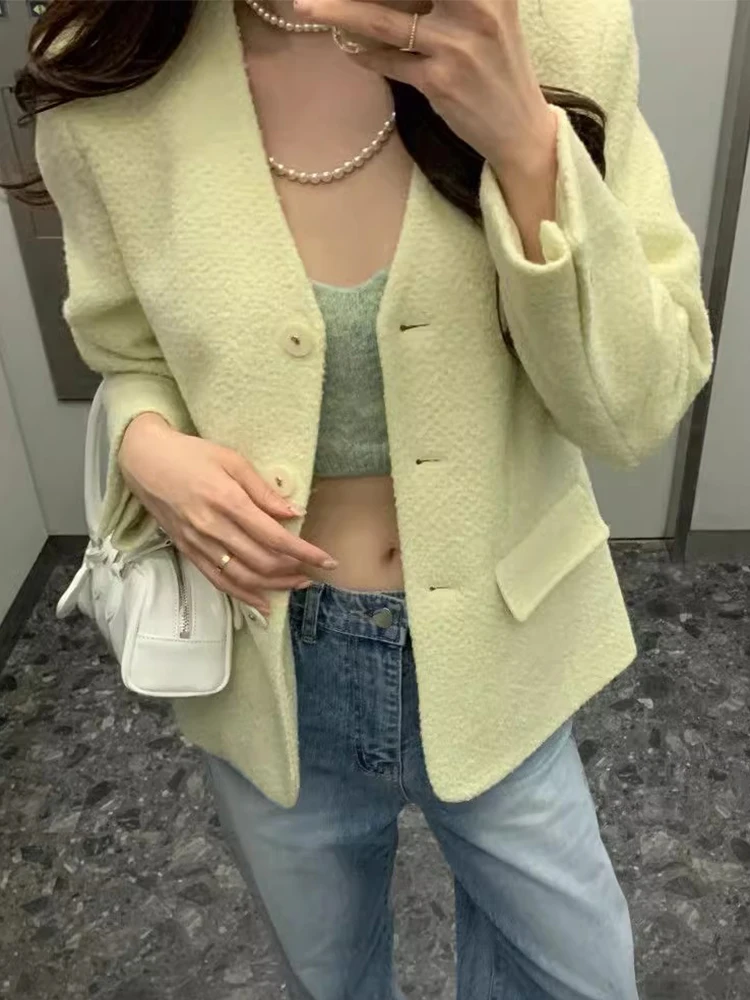 

V Neck Botton Tweed Cropped Jacket Autumn Winter Coat Women Pink Korean White Green Solid Versatile Chic Elegant Casaco Feminino