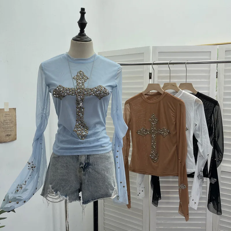 

Женская повседневная рубашка в стиле панк с перекрестными заклепками и стразами, расклешенная рубашка с длинными рукавами, двухслойная сетчатая рубашка в стиле Wasteland для девочек, уличная одежда2706